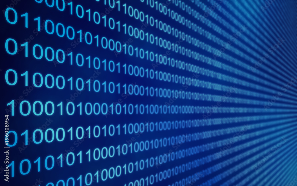 Aufkleber 01 or binary data on the computer screen, 3d render
