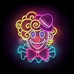 Greeting Card Template for April Fool's Day, Happy Birthday Concept. Glow Signboard with Cute, Lovely Clown. Neon Light Poster, Flyer, Banner, Postcard. Glossy Background. Vector 3d, Clipping Mask