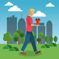Man walking with gift box vector illustration graphic design