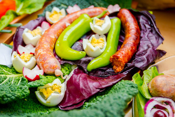 are decorated with fresh vegetables and choppe