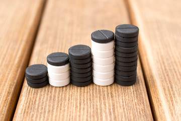 The mound of pills on a wooden table . On the background of wooden table