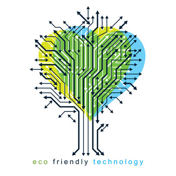 Artistic creative illustration of vector tree of shape of heart created in technology style, digital element with wireframe and arrows. Eco friendly technology concept.