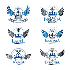 Fototapeta na wymiar Royal Crowns emblems set. Heraldic vector design elements collection. Retro style label, heraldry logo.