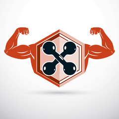 Vector illustration of strong man biceps arm holding dumbbell. Weight lifting