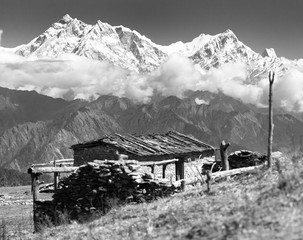 chalet on pastureland and mount Annapurna