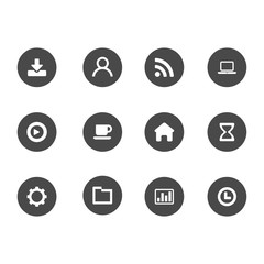 Flat circular set for web and mobile. 12 vector icon set : download, human, WIFI, PC, play, coffee cup, home, hourglass, gear, folder, graph, clock