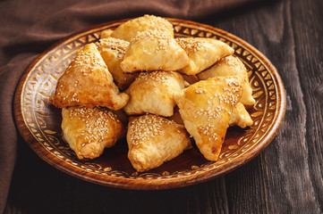 Puff pastries with chicken meat, samosa, oriental uzbek cuisine.