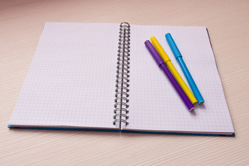 Open notebook with multi-colored markers . On light background