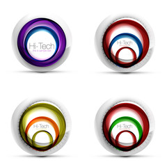 Set of digital techno spheres - web banners, buttons or icons with text. Glossy swirl color abstract circle design, hi-tech futuristic symbols with color rings and grey metallic element