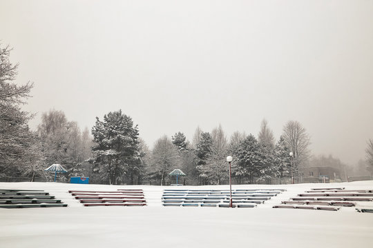 Belarus, Grodno, Molochnoe Lake. amphitheater on the beach in winter.