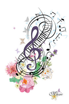 Abstract musical background with flowers. Vector illustration.