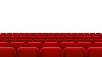 Rows of red seats, back view. Empty seats in the cinema hall, cinema, theater, opera, events, shows. Interior element. Vector realistic 3d illustration.