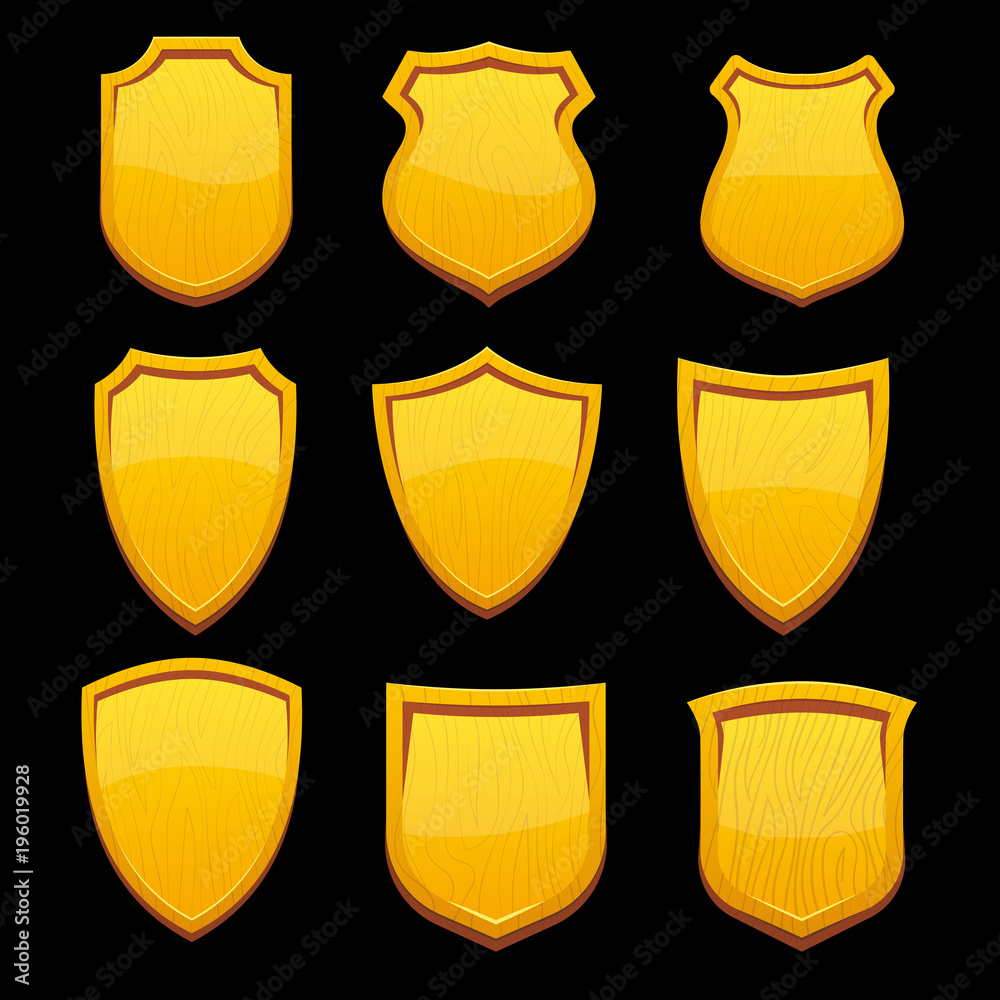 Wall mural set of 9 wooden shields of different forms in the style of a cartoon. shields with highlights isolat