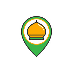 Mosque map pin location. Simple monoline icon style for muslim ramadan and eid al fitr celebration.