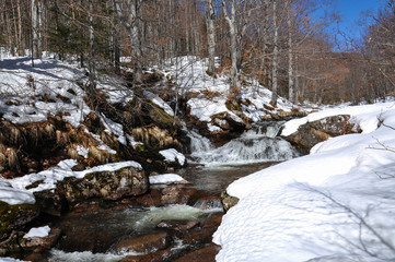 Mountain river covered with snow. Winter landscape, wild mountain river