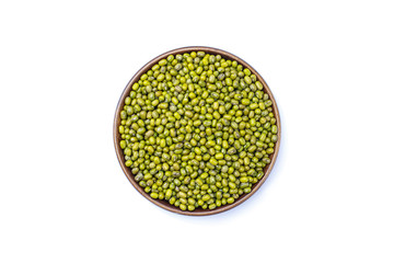 Mungbean in the wooden plate  isolated on white background with clipping path. top view.