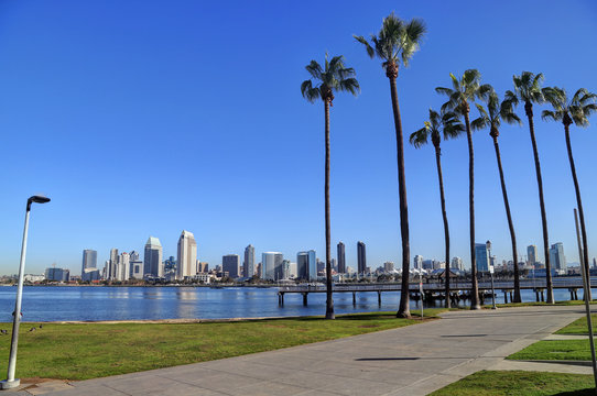 The San Diego, California skyline from Coronado Island.