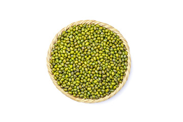 Mungbean in the bamboo basket  isolated on white background with clipping path.  top view.