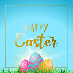 Easter eggs greeting card with happy gold text