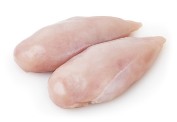 Raw skinless chicken breast fillet isolated on white background with clipping path