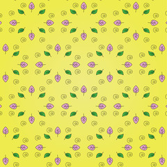 Beautiful floral pattern: pink and green leaves, black spiral on a bright yellow background. Lovely pastel texture, option for textiles, fabrics.