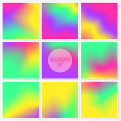 Holographic backgrounds. Holography textures set. Watercolor effect. Blurs collection. Modern. Stylish. Backdrop. Smooth blur. Trendy wallpapers. Textures for web design, business printed products.