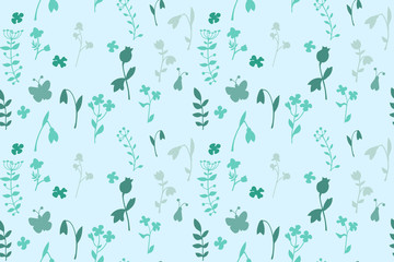Meadow seamless pattern with a lot of spring and summer flowers from gardens and forests. There are bugs also