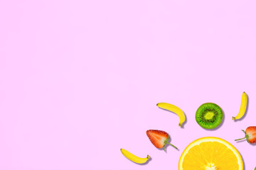 Pattern of fresh summer sweet fruit for holiday concept flat lay mockup and top view of minimal colourful style with copy space for background, pastel fashion in trend