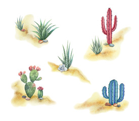 Watercolor background with desert and cacti.