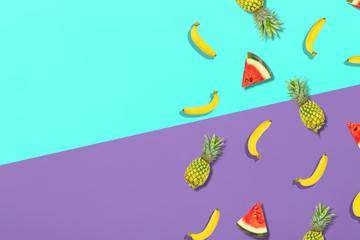 Fototapeta na wymiar Pattern of fresh summer sweet fruit for holiday concept flat lay mockup and top view of minimal colourful style with copy space for background, pastel fashion in trend
