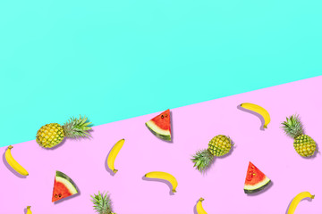 Pattern of fresh summer sweet fruit for holiday concept flat lay mockup and top view of minimal colourful style with copy space for background, pastel fashion in trend