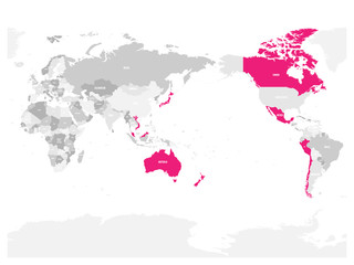 Map of Comprehensive and Progressive Agreement for Trans-Pacific Partnership, CPTPP or TPP11. Pink highlighted member states. Vector illustration.