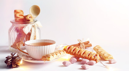 Tea with pastries for breakfast. Sweets and pastries with nuts f