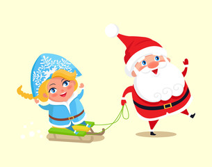 Santa Carry Snow Maiden on Sleigh Vector Character