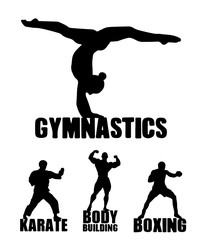 Sport background. Gymnastics, karate, bodybuilding, boxing.