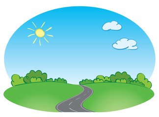 vector green landscape with road and blue sky
