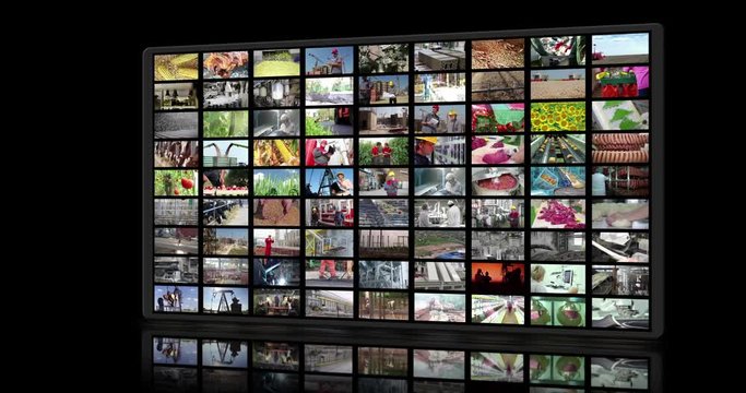 Video wall montage industrial production. People working in a factory, construction, agriculture, food industry, fossil fuels, cereals, fruits and vegetables, farm animal, time lapse