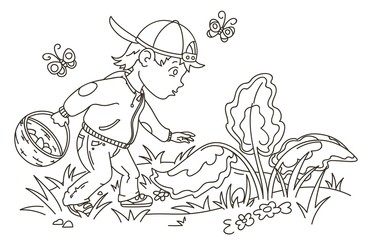 Easter Egg Hunter Boy Looking for Eggs, Outline Vector Illustration