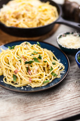 Spaghetti carbonara with egg and pancetta