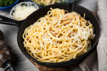 Spaghetti carbonara with egg and pancetta