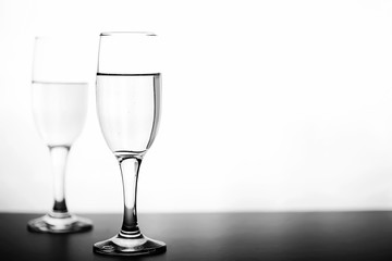 monochrome photo of champagne on white table on white background