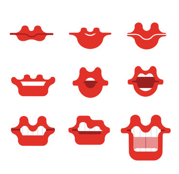 Mouth catroon vector smile set. Funny Cartoon mouths set with different expressions. Smile with teeth, opem mouth with  tongue, surprised.Red lips.Simple vector illustration.Collection of mouth poses 