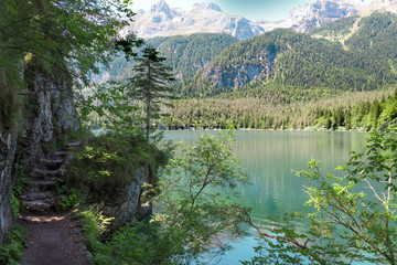 Fototapeta na wymiar autumnal view of the Tovel Lake, Trentino Italy.