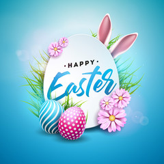 Obraz premium Vector Illustration of Happy Easter Holiday with Painted Egg, Rabbit Ears and Flower on Shiny Blue Background. International Celebration Design with Typography for Greeting Card, Party Invitation or