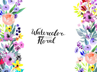 Watercolor Floral Background. Hand painted border of flowers. Painting isolated on white and brush lettering. Rose, poppy and peony illustration Spring blossom
