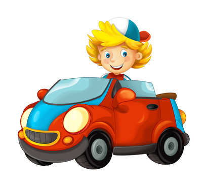 cartoon scene with child in toy car on white background - illustration for children