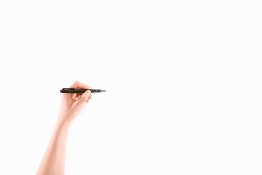 cropped image of lefthanded woman writing something with marker isolated on white