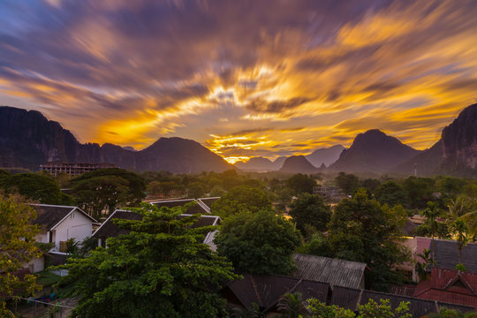 Long exposure landscape view panorama at Sunset in Vang Vieng, Laos.