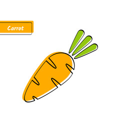 Flat design vegetable education card. Vector illustration with big solid orange isolated carrot, black outline and stylish label on white background for organic market logo, fresh product or kid game