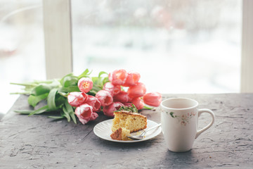 Cup of tea, flowers, herbs, tulips, Flatlay